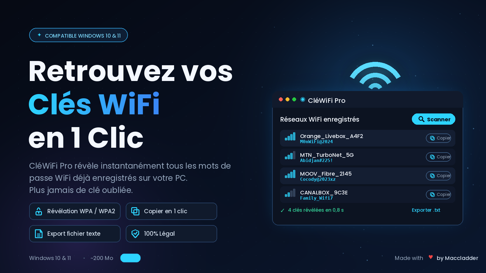 CléWiFi Pro — Retrouvez Toutes vos Clés WiFi en 1 Clic | Compatible Windows 10/11