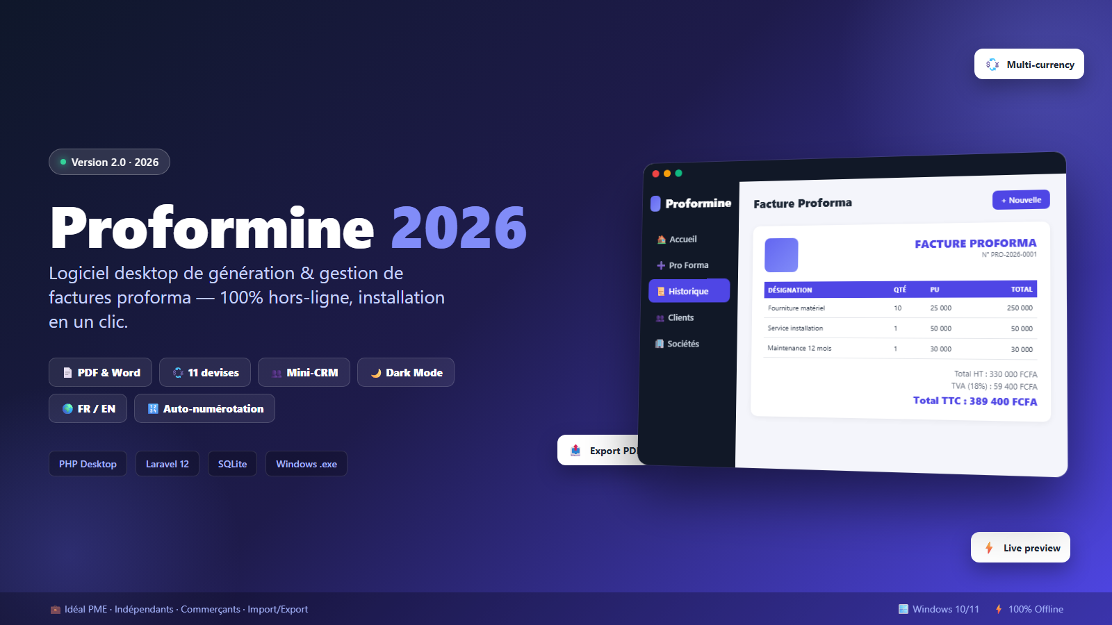 Proformine — Générateur de Factures Proforma pour Windows
